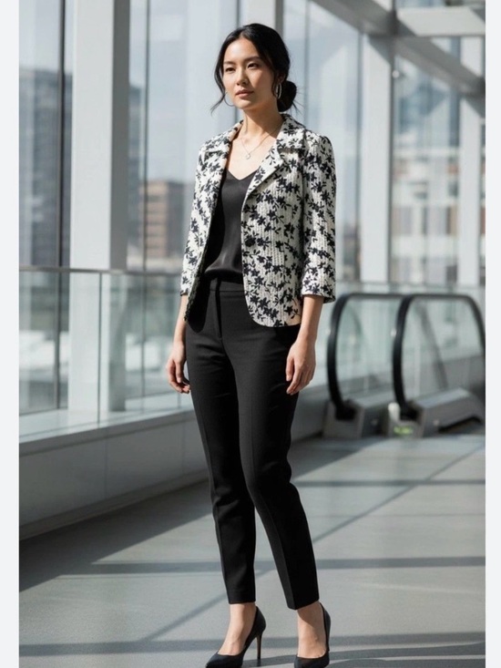 MaxMara Jackets & Blazers - MAXMARA SILK BLEND CREAM/BLACK FLORAL QUILTED BLAZER SIZE 8
